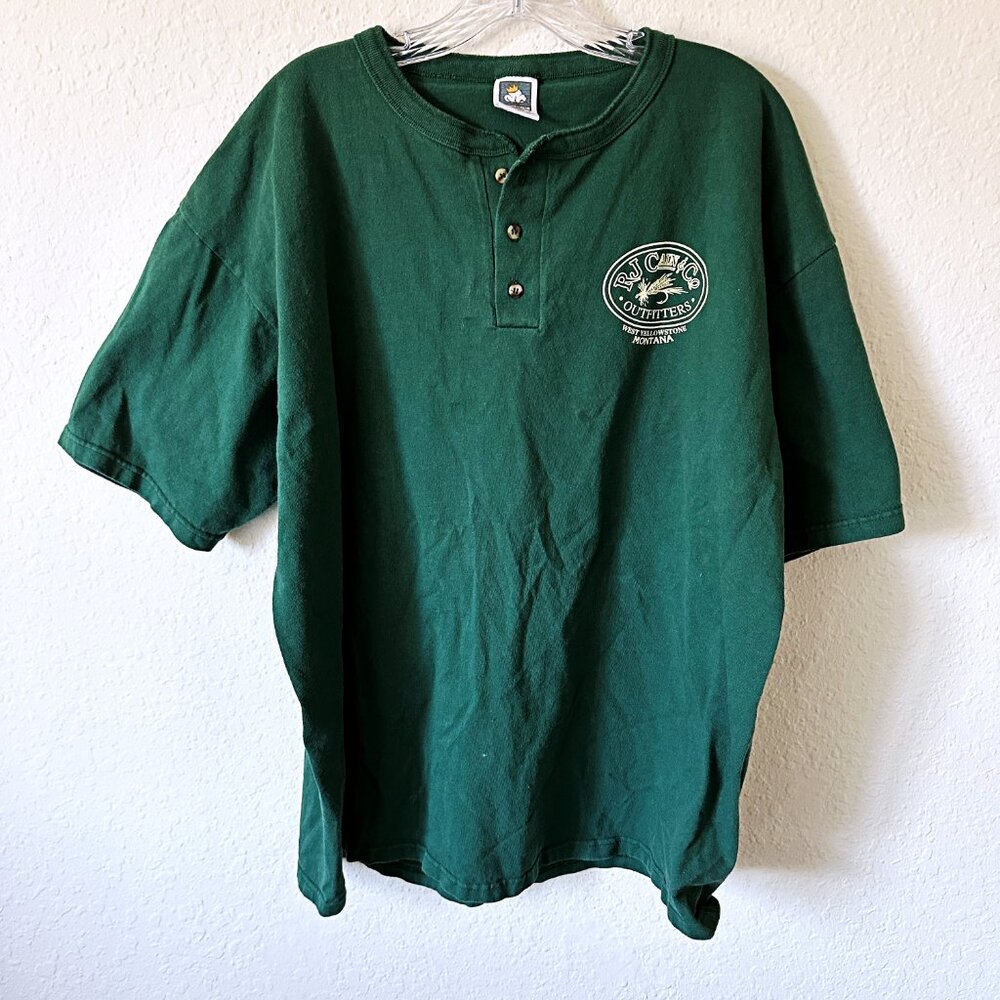 RJ Cain & Co MONTANA West Yellowstone Fly Fishing Button T-Shirt 2X